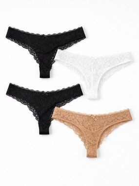 NWT Victoria’s Secret Lace Thong Set 4 Pack Black White Nude L